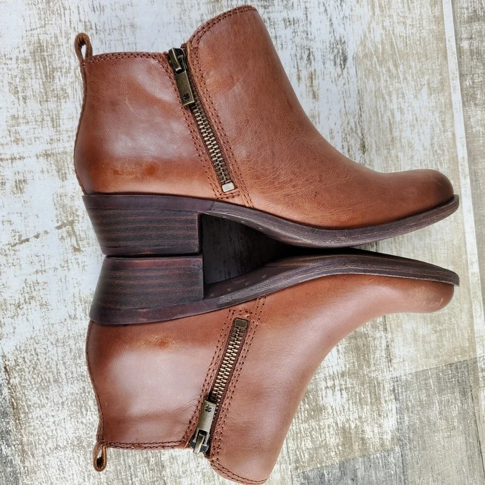 Lucky Brand Basel Womens Booties Sz 5 W Toffee Brown Leather Side Zip Ankle Boot